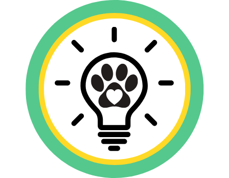 A light bulb drwaing with a paw inside in a yellow and green circle frame